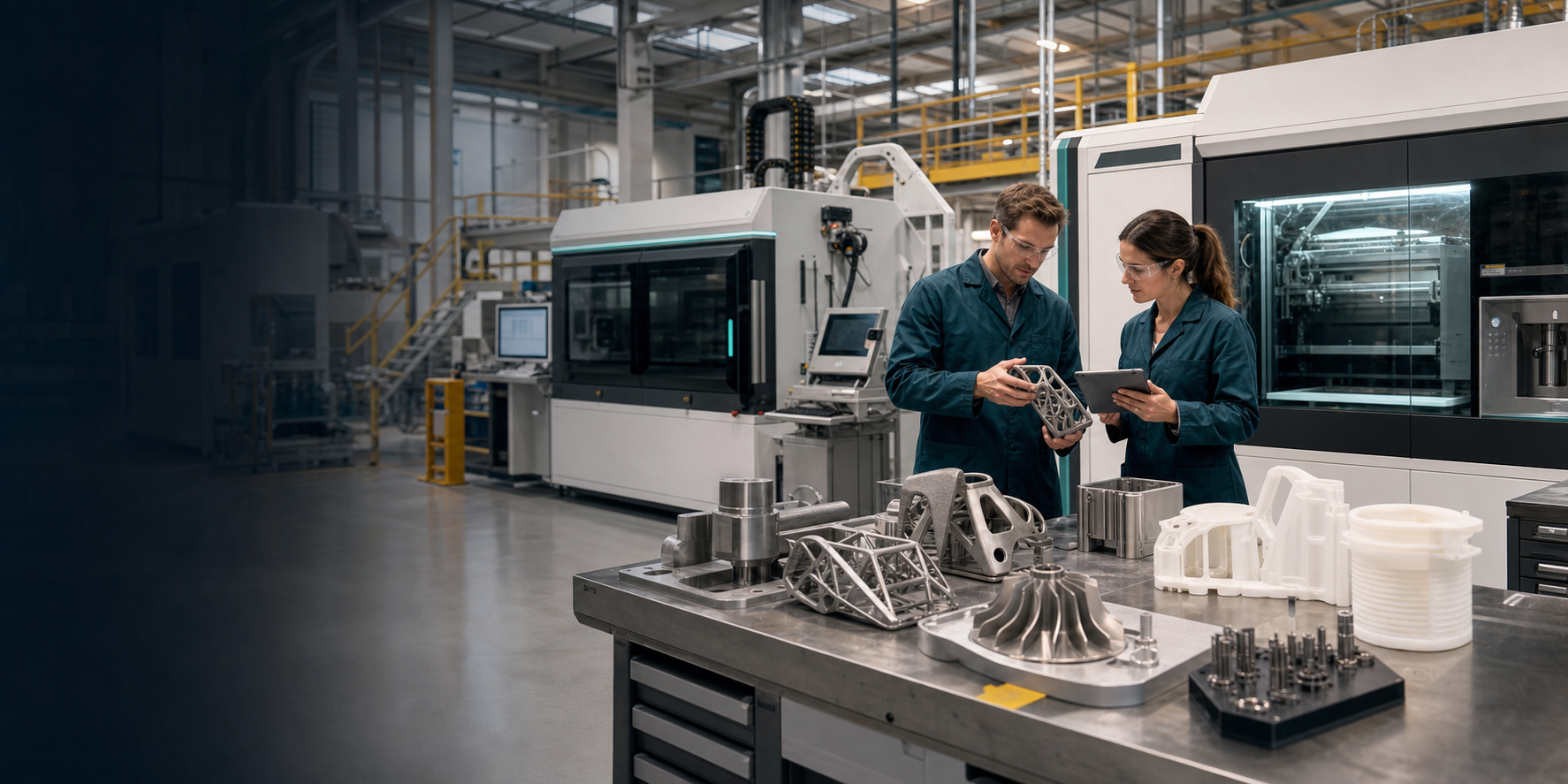 Advanced additive manufacturing facility with printers, printed parts, and engineers